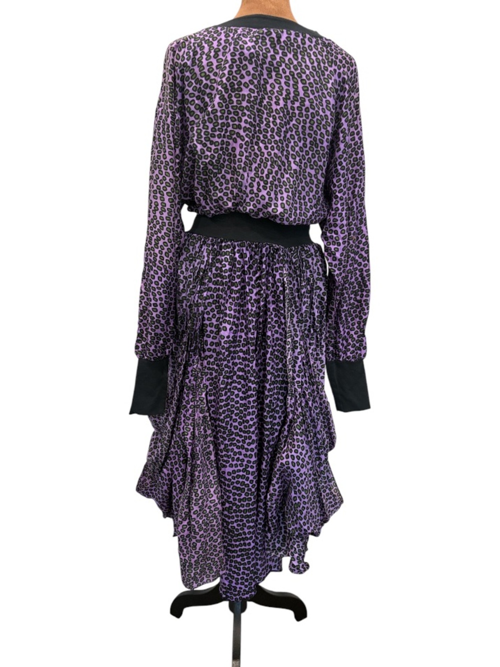 Vintage EXILE Bari Jay 100% Silk Purple Animal Print Goth Dolman Draped Dress M - Picture 11 of 12